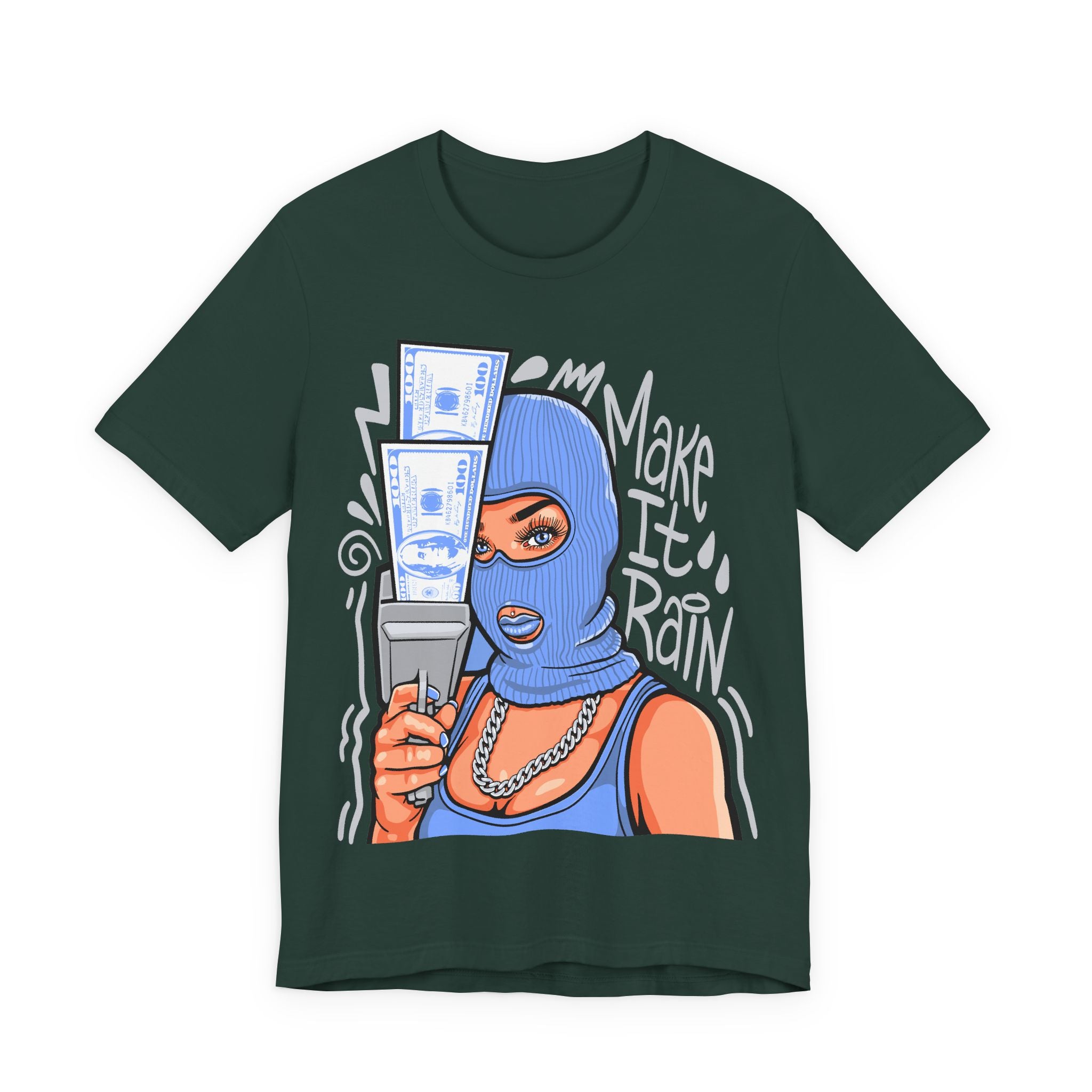 Make It Rain Tee — Balaclava Money Gun Graphic T-Shirt