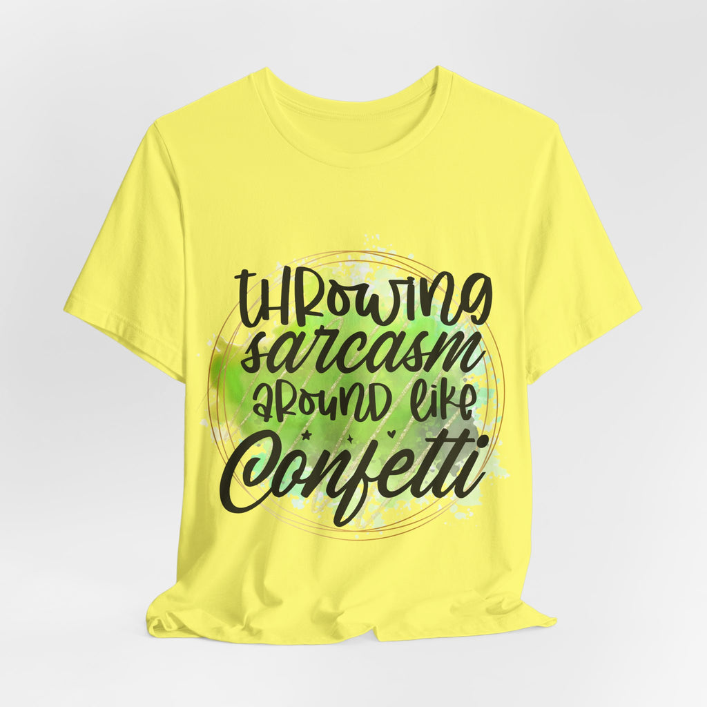 Yellow t-shirt with black text on a light gray background