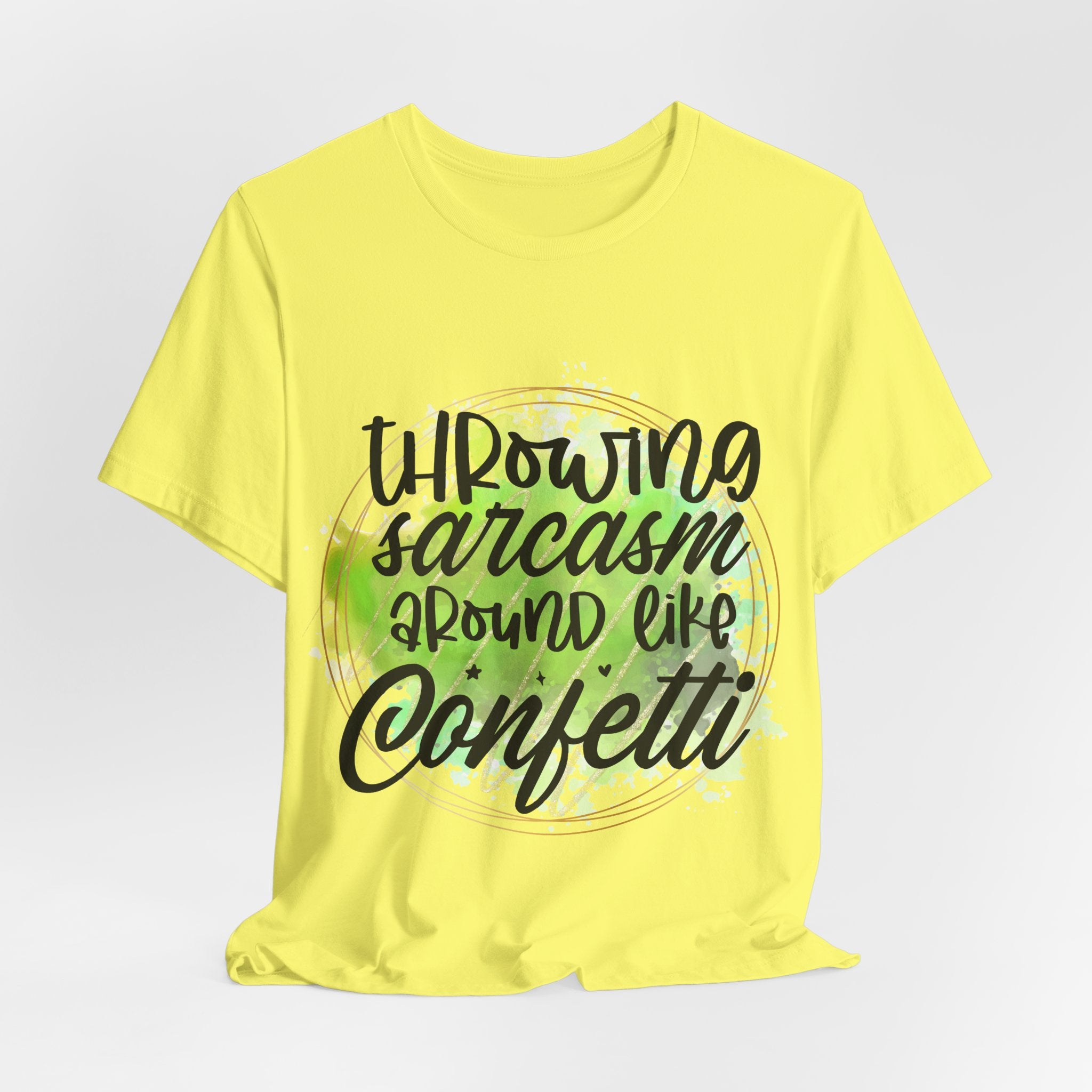 Yellow t-shirt with black text on a light gray background