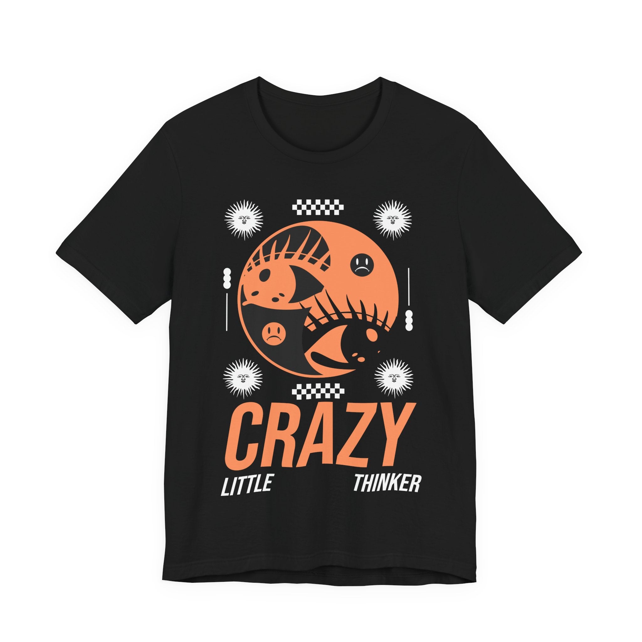 Black t-shirt with orange and white graphic design and text on a white background