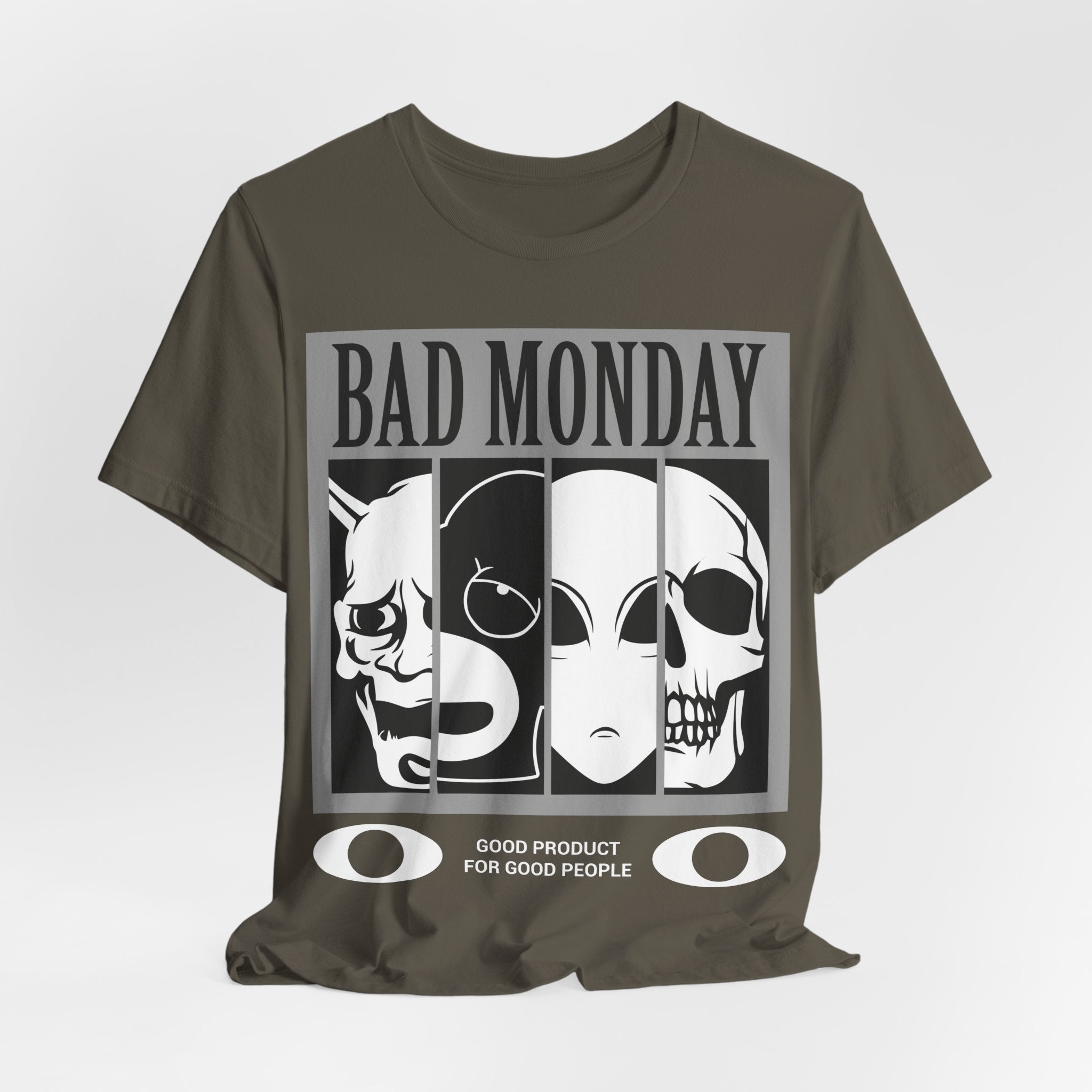 Bad Monday Skull Tee — Gothic Graphic T-Shirt with 'Good Product for Good People' Slogan