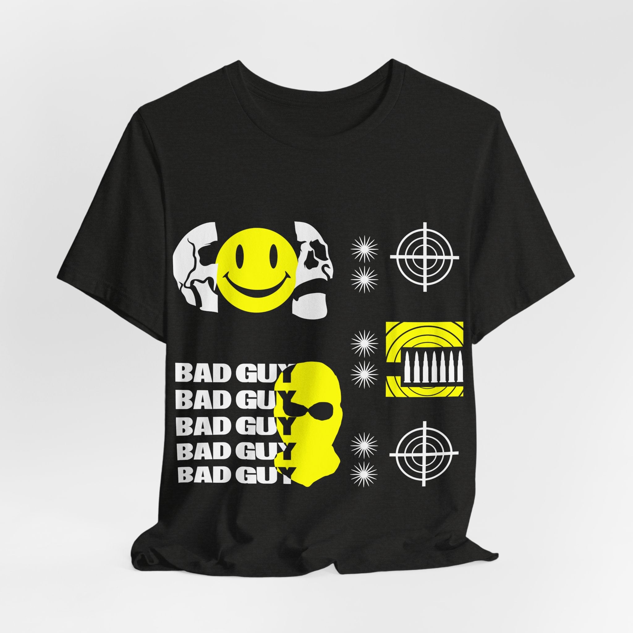 Bad Guy Graphic Tee — Retro Smile & Target Motif Crewneck