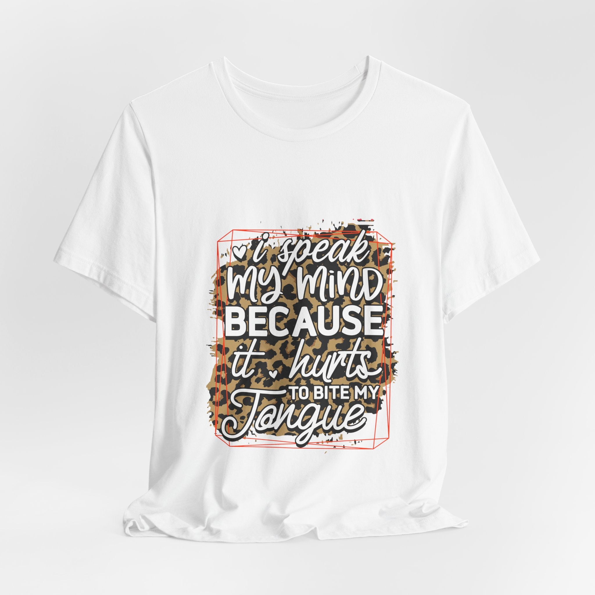 White t-shirt with a graphic design and text on a white background