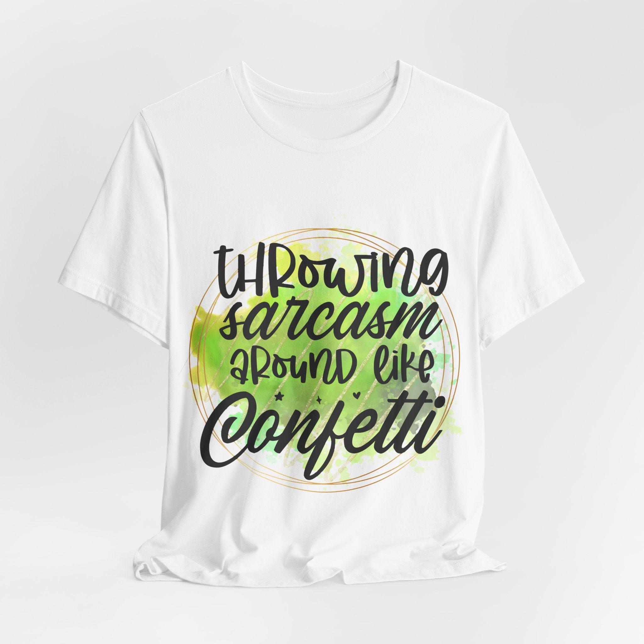 White tank top with green and black text on a white background