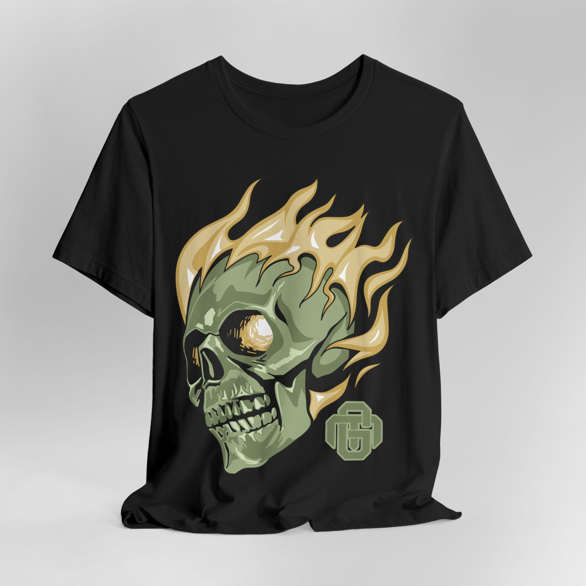 Flaming Green Skull Tee — Gothic Horror Graphic T-Shirt