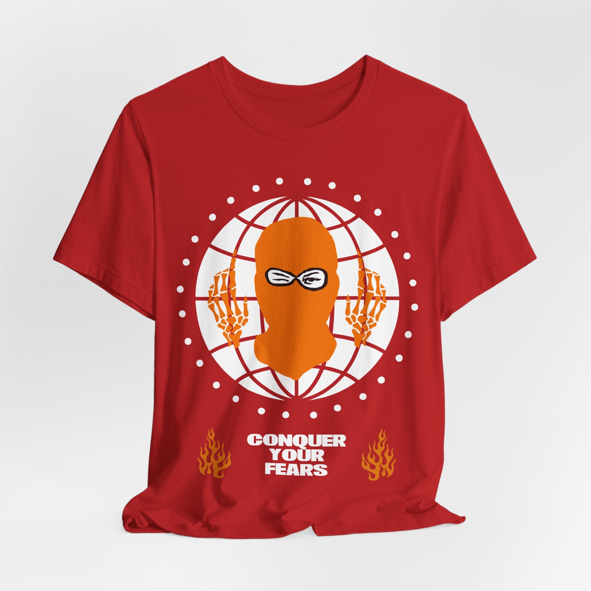 Balaclava Globe Graphic Tee — "Face What Scares You" Streetwear T-Shirt
