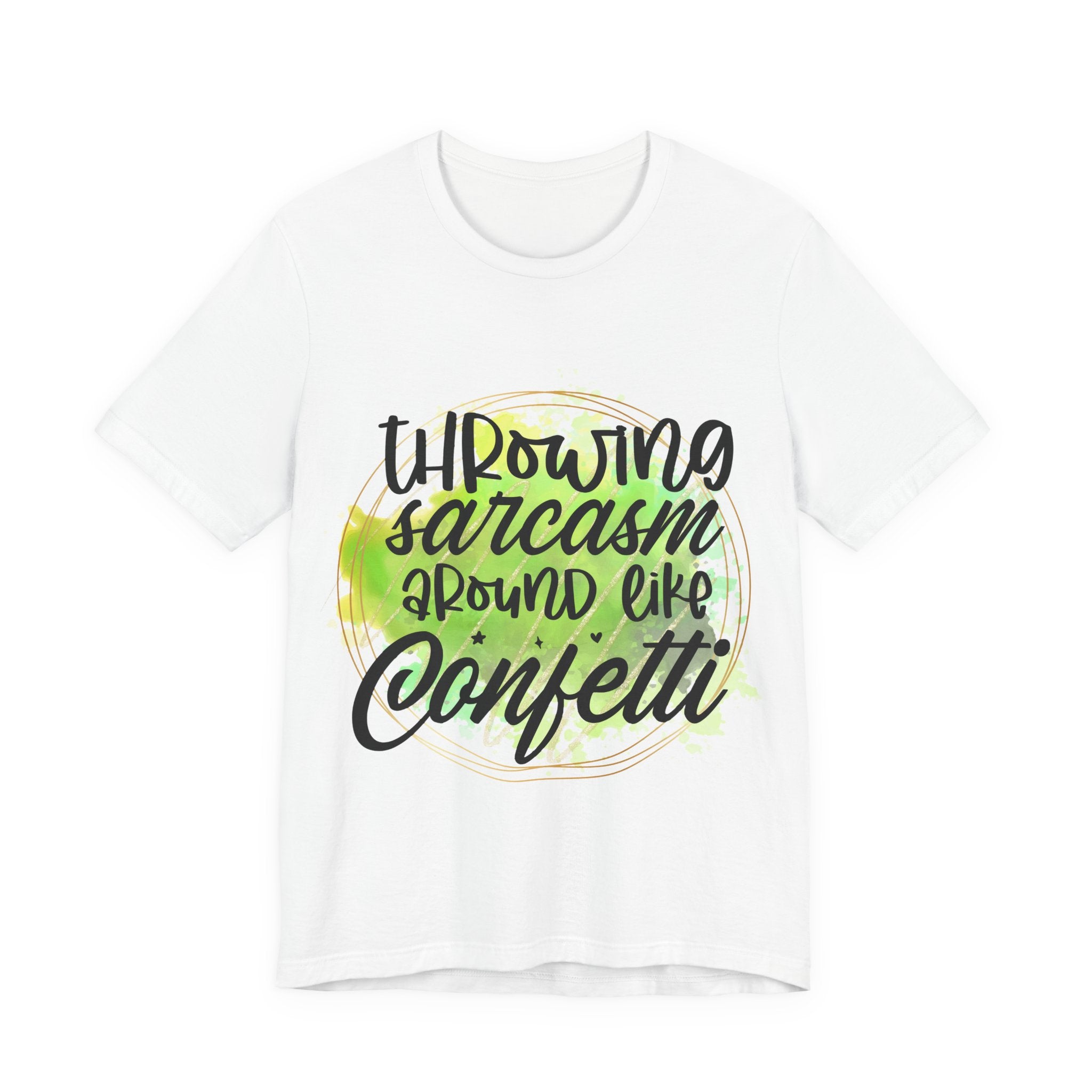 White t-shirt with colorful text design on a white background