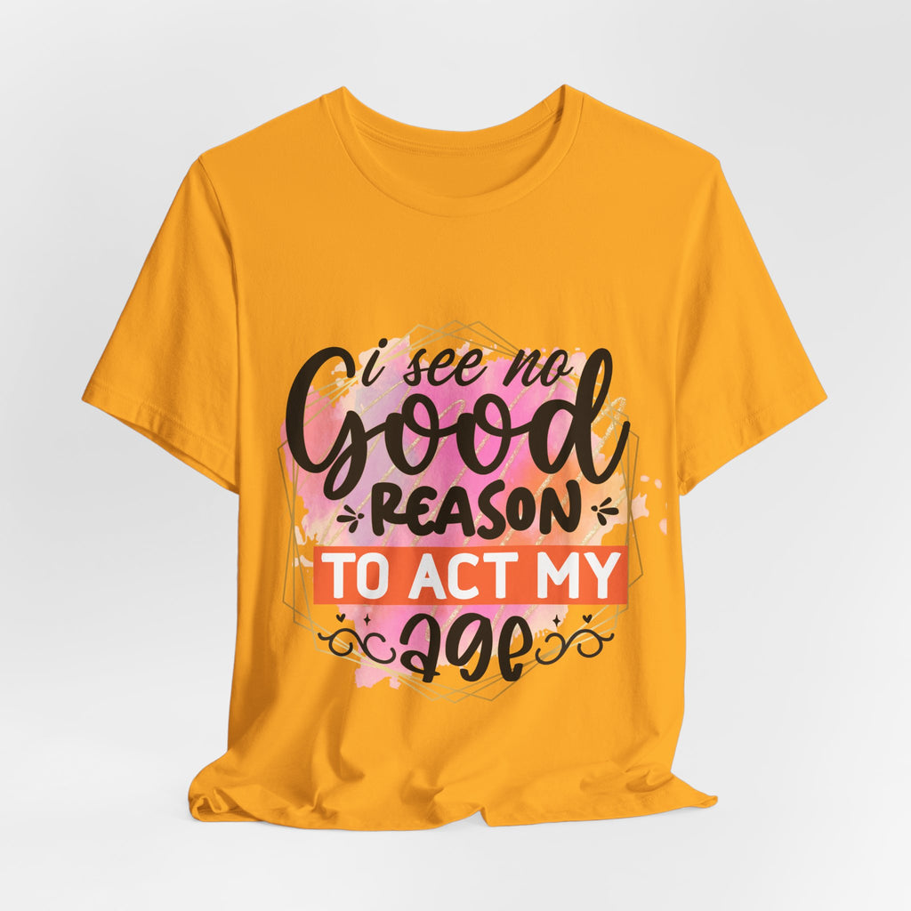 Yellow t-shirt with colorful text design on a light gray background