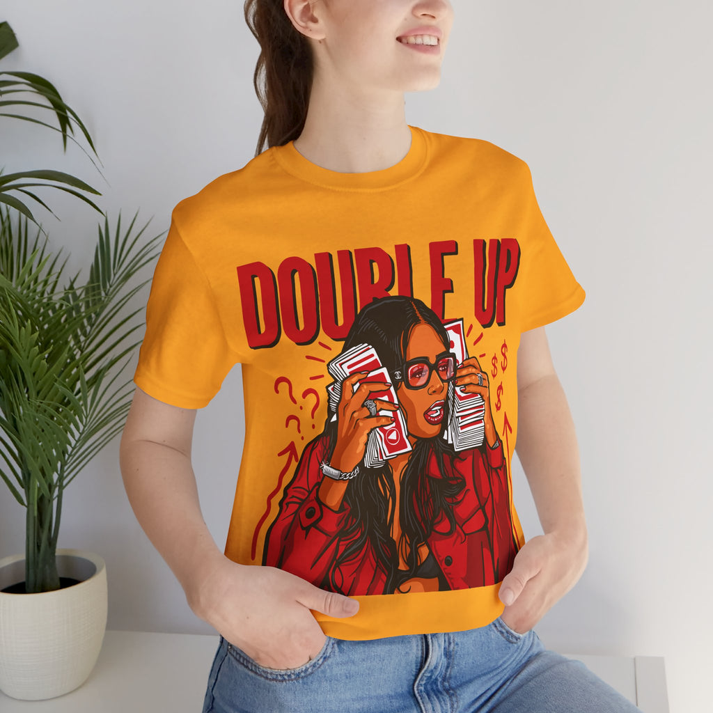 Double Up T-Shirt — Retro Pop Art Woman Holding Cash Graphic Tee