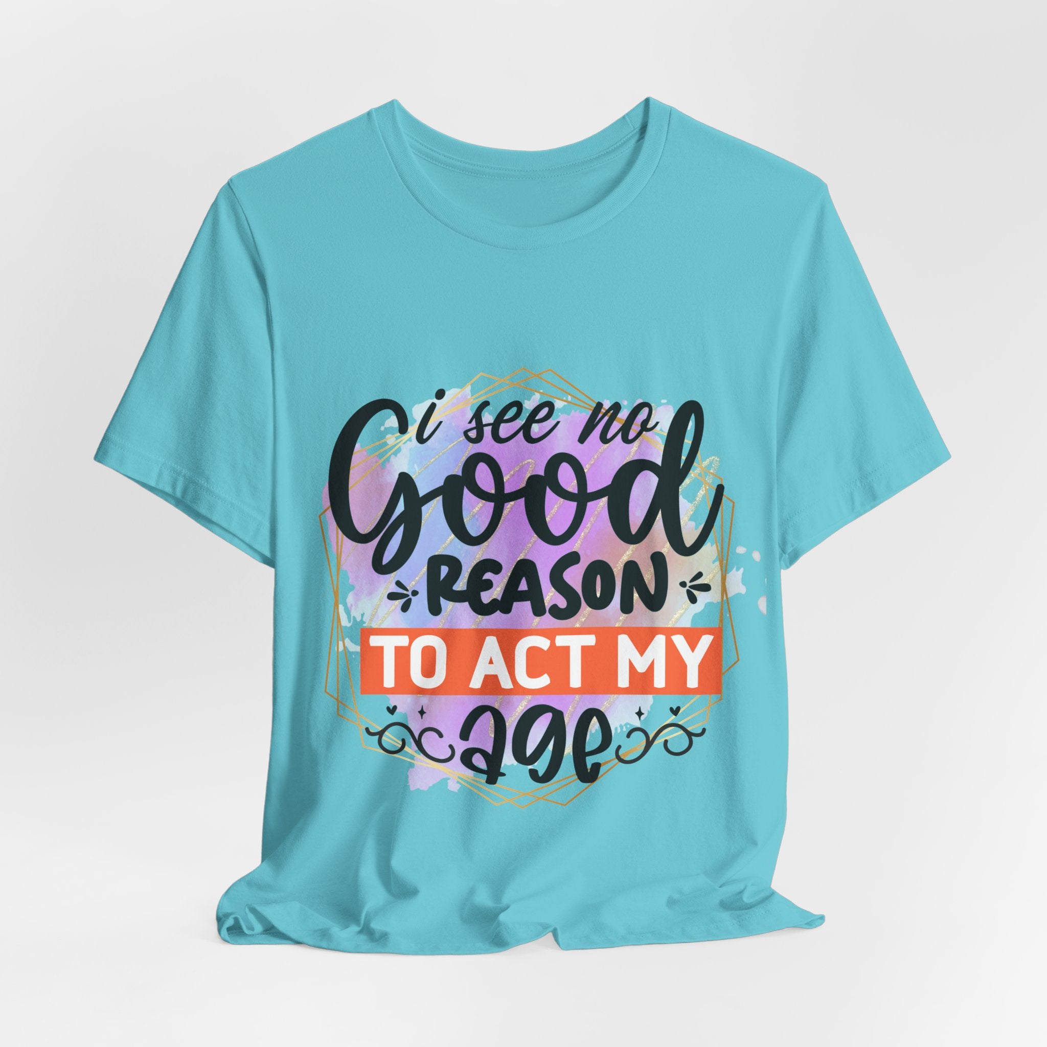 Turquoise t-shirt with colorful text design on a light gray background
