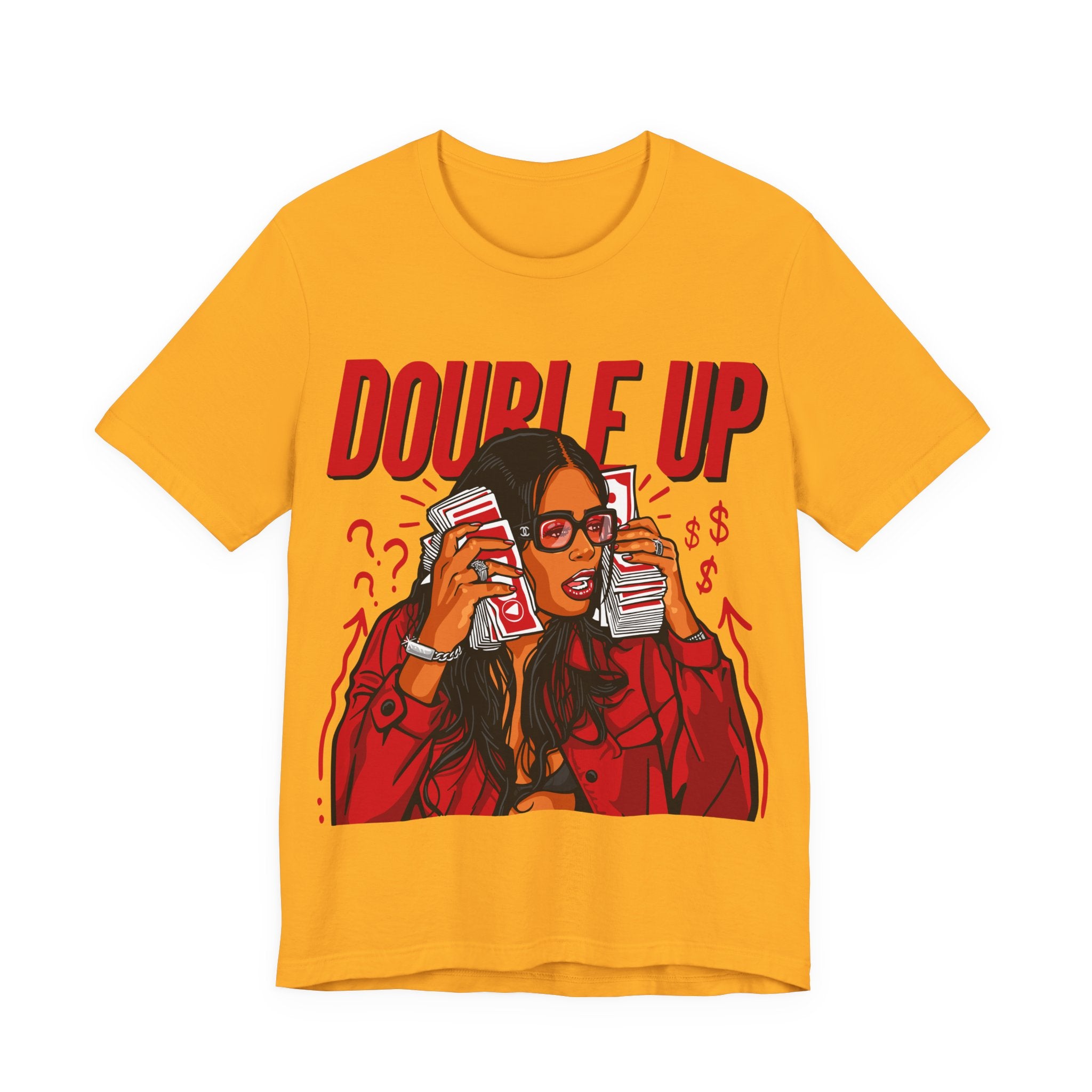 Double Up T-Shirt — Retro Pop Art Woman Holding Cash Graphic Tee
