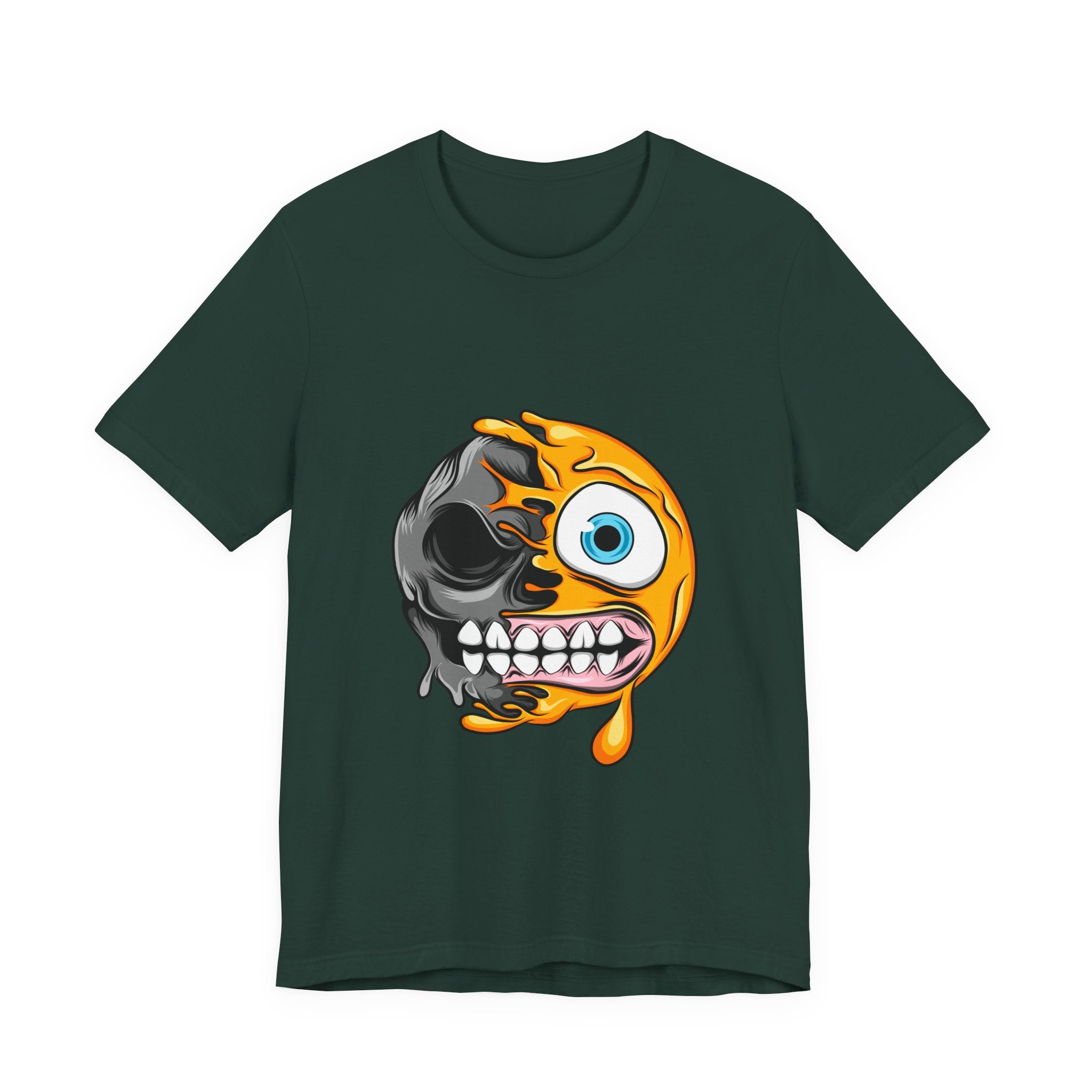 Melting Emoji Skull T‑Shirt — Half Smile, Half Skull Graphic Tee