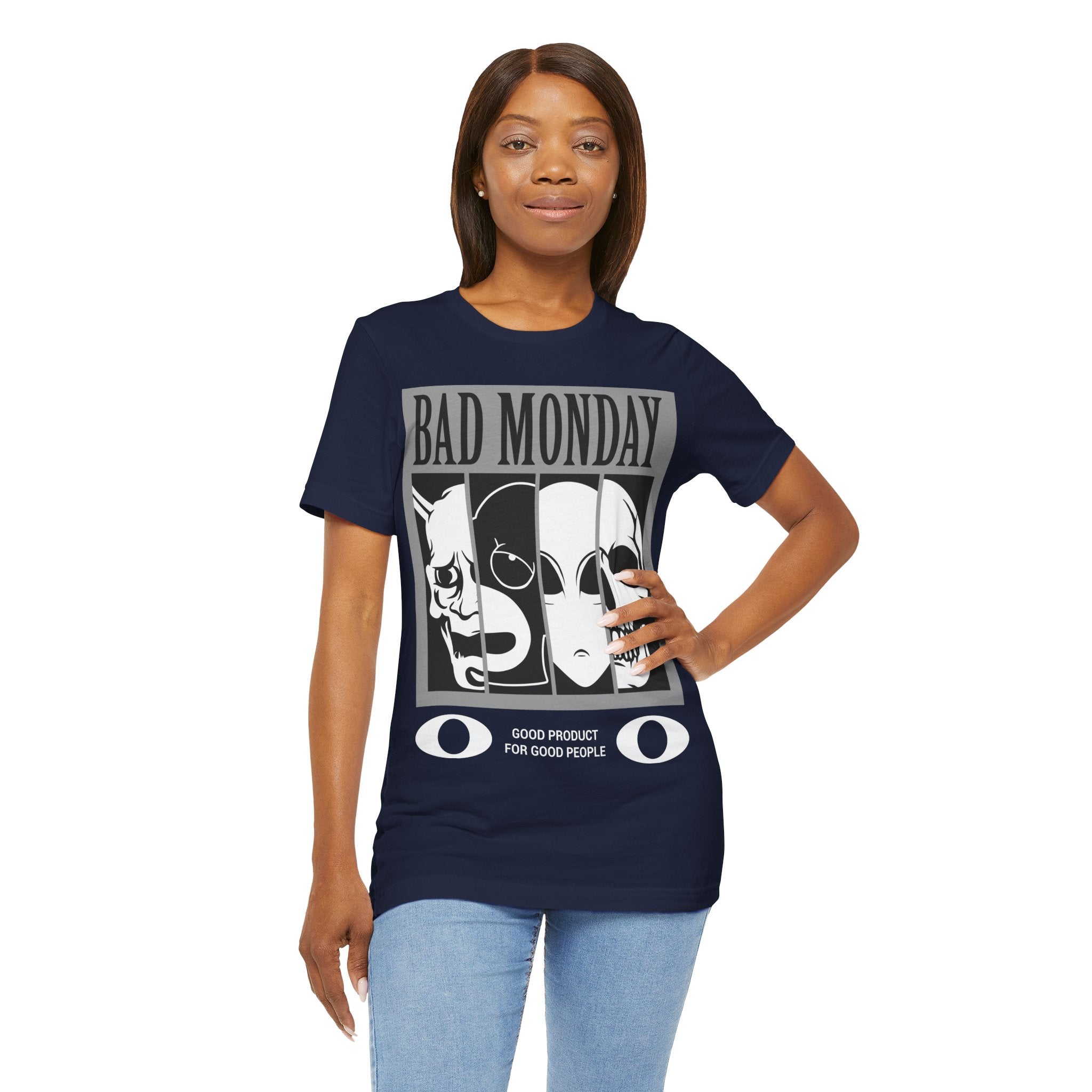 Bad Monday Skull Tee — Gothic Graphic T-Shirt with 'Good Product for Good People' Slogan