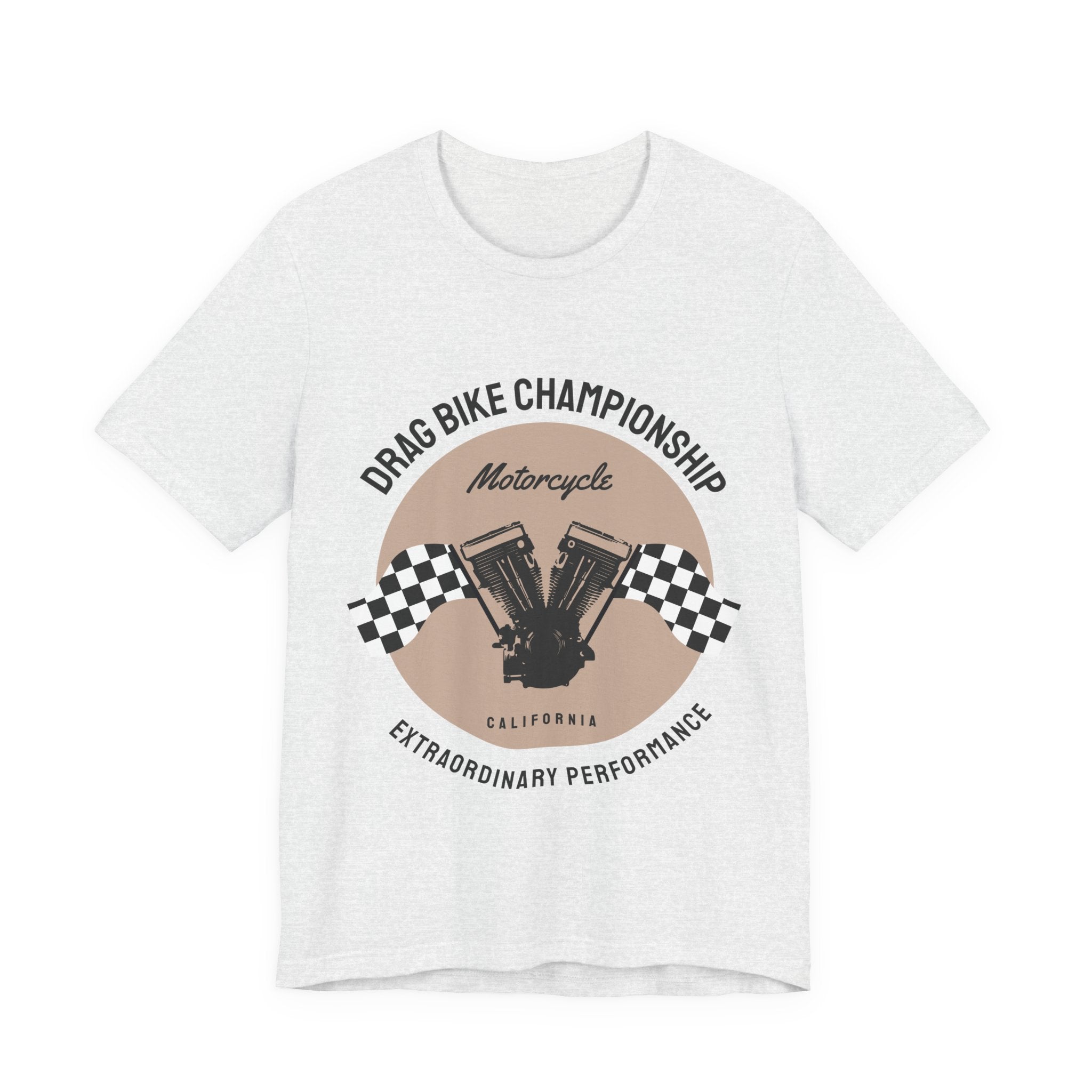 Drag Bike Championship Motorcycle T‑Shirt — Racing V‑Twin Design with Checkered Flags