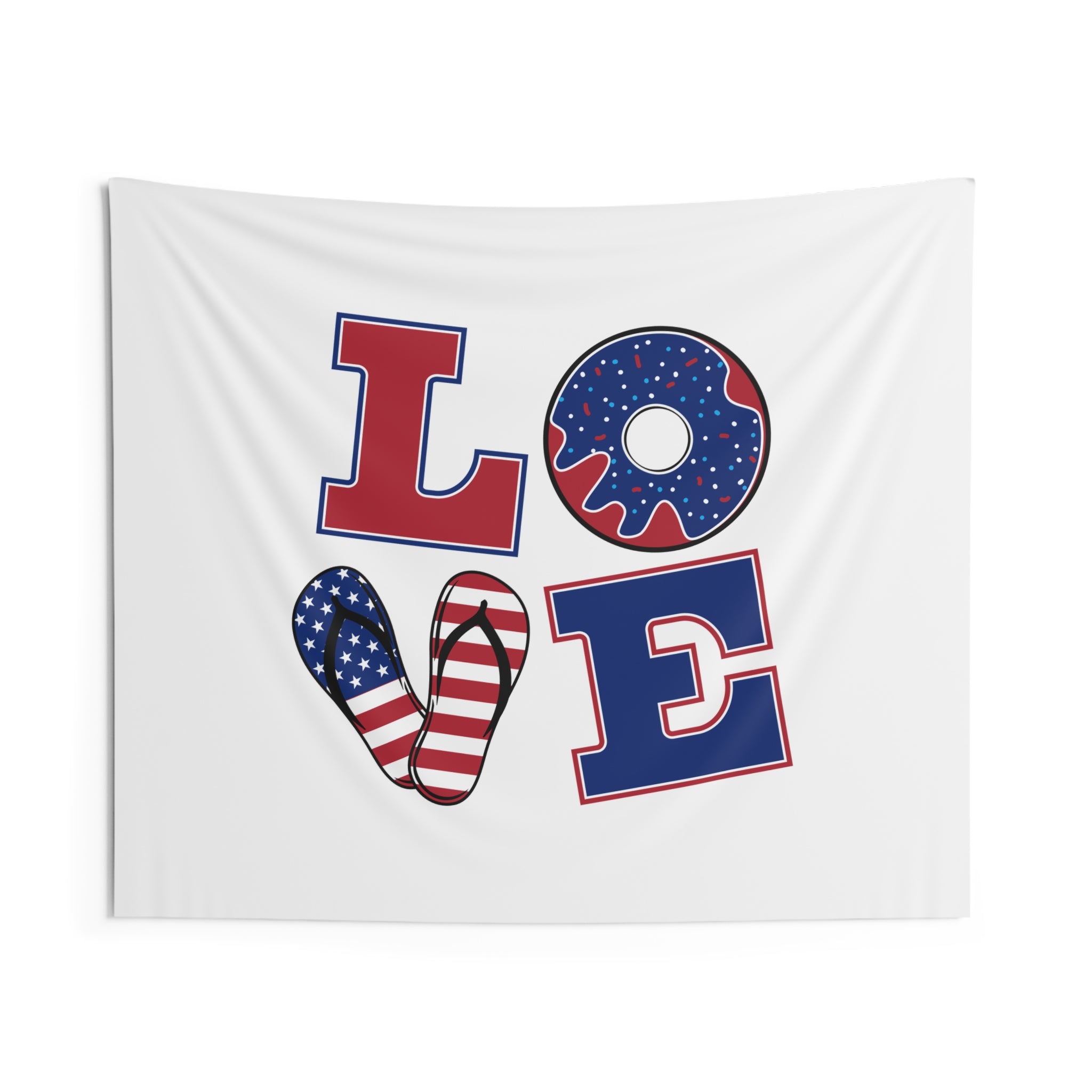 Patriotic LOVE Wall Tapestry — Americana Donut & Flag Heart Indoor Decor