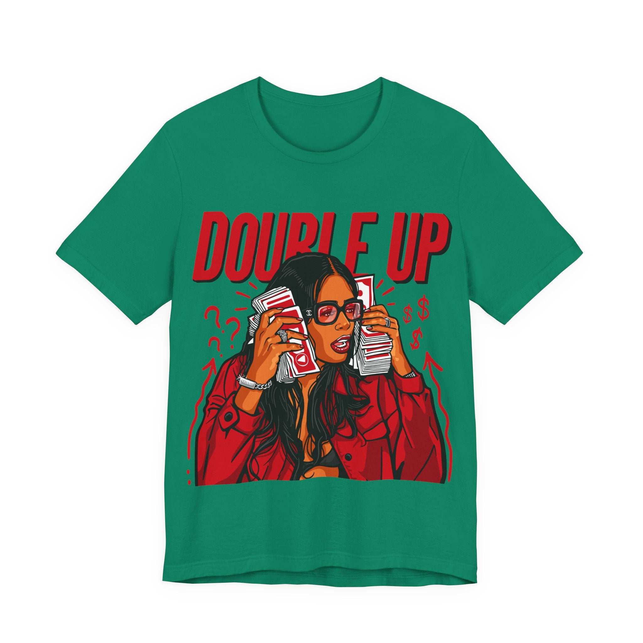 Double Up T-Shirt — Retro Pop Art Woman Holding Cash Graphic Tee