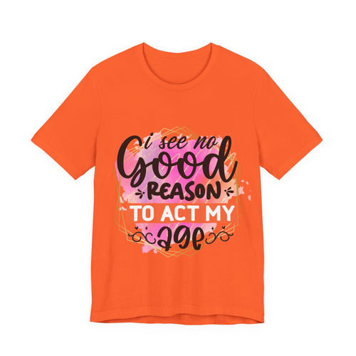 Orange t-shirt with colorful text design on a white background