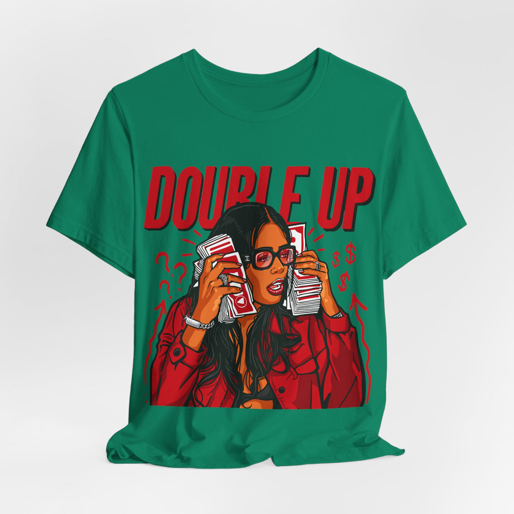 Double Up T-Shirt — Retro Pop Art Woman Holding Cash Graphic Tee