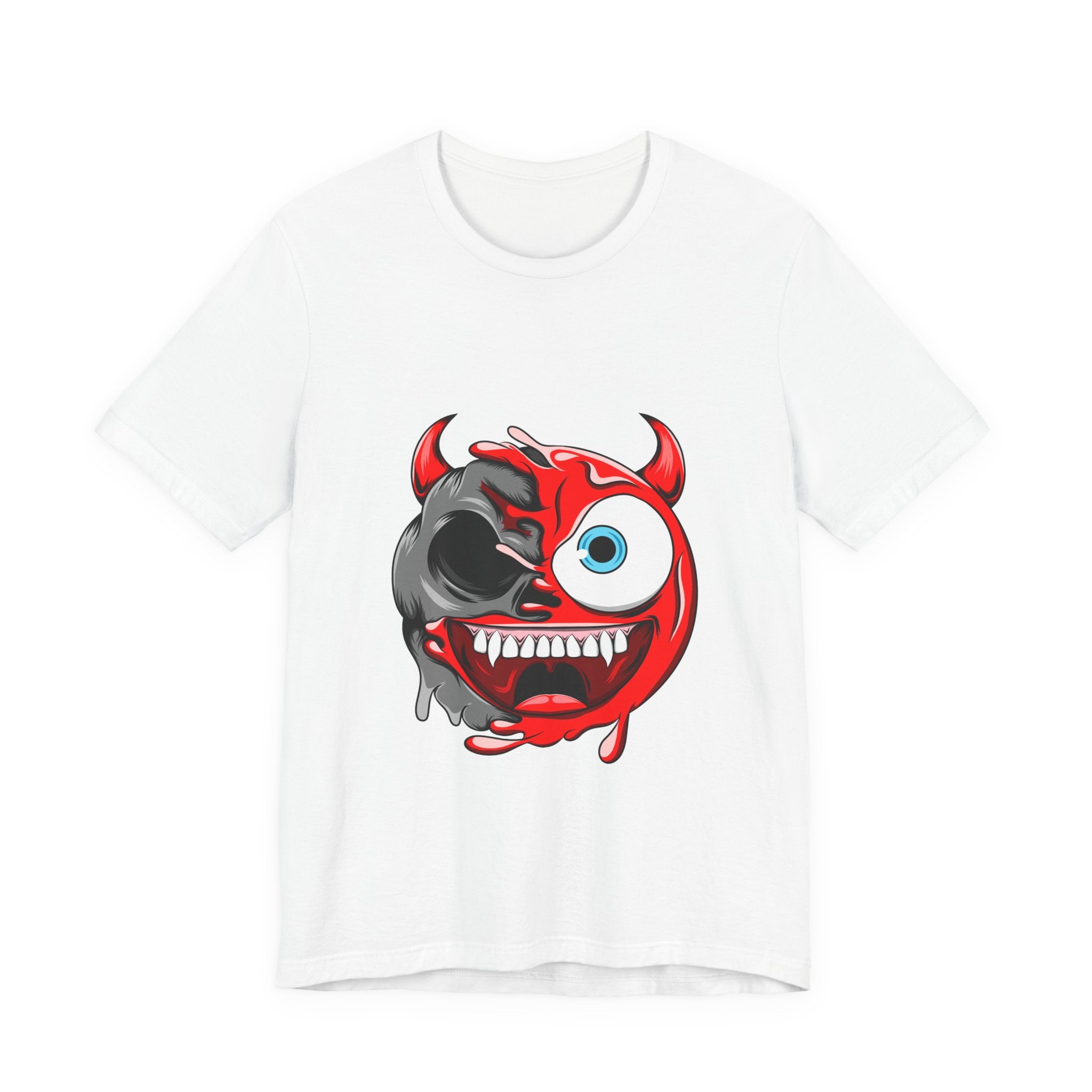 Devil Emoji Face T-Shirt — Creepy Red Split Skull Graphic Tee