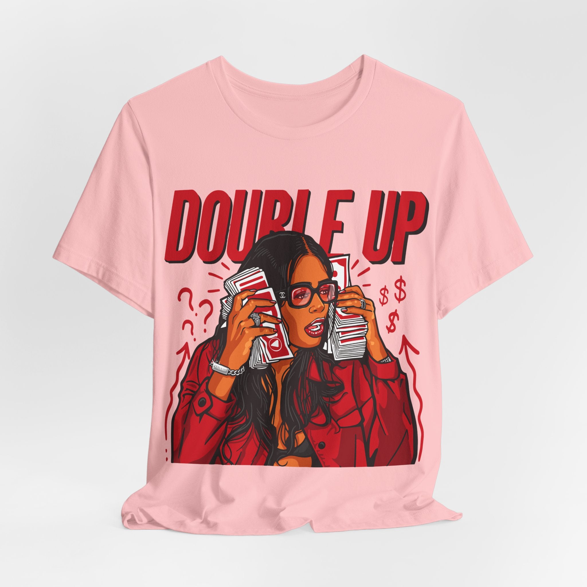 Double Up T-Shirt — Retro Pop Art Woman Holding Cash Graphic Tee