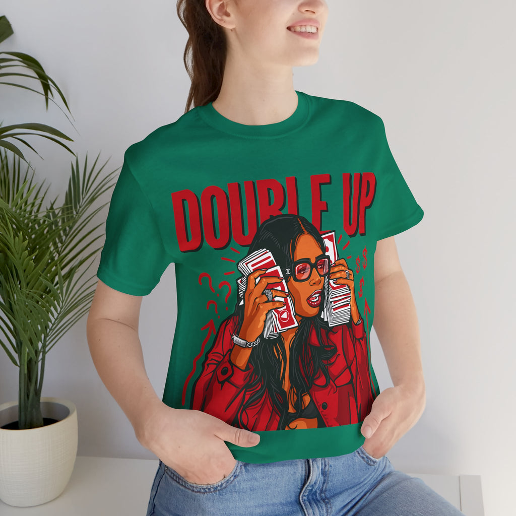 Double Up T-Shirt — Retro Pop Art Woman Holding Cash Graphic Tee