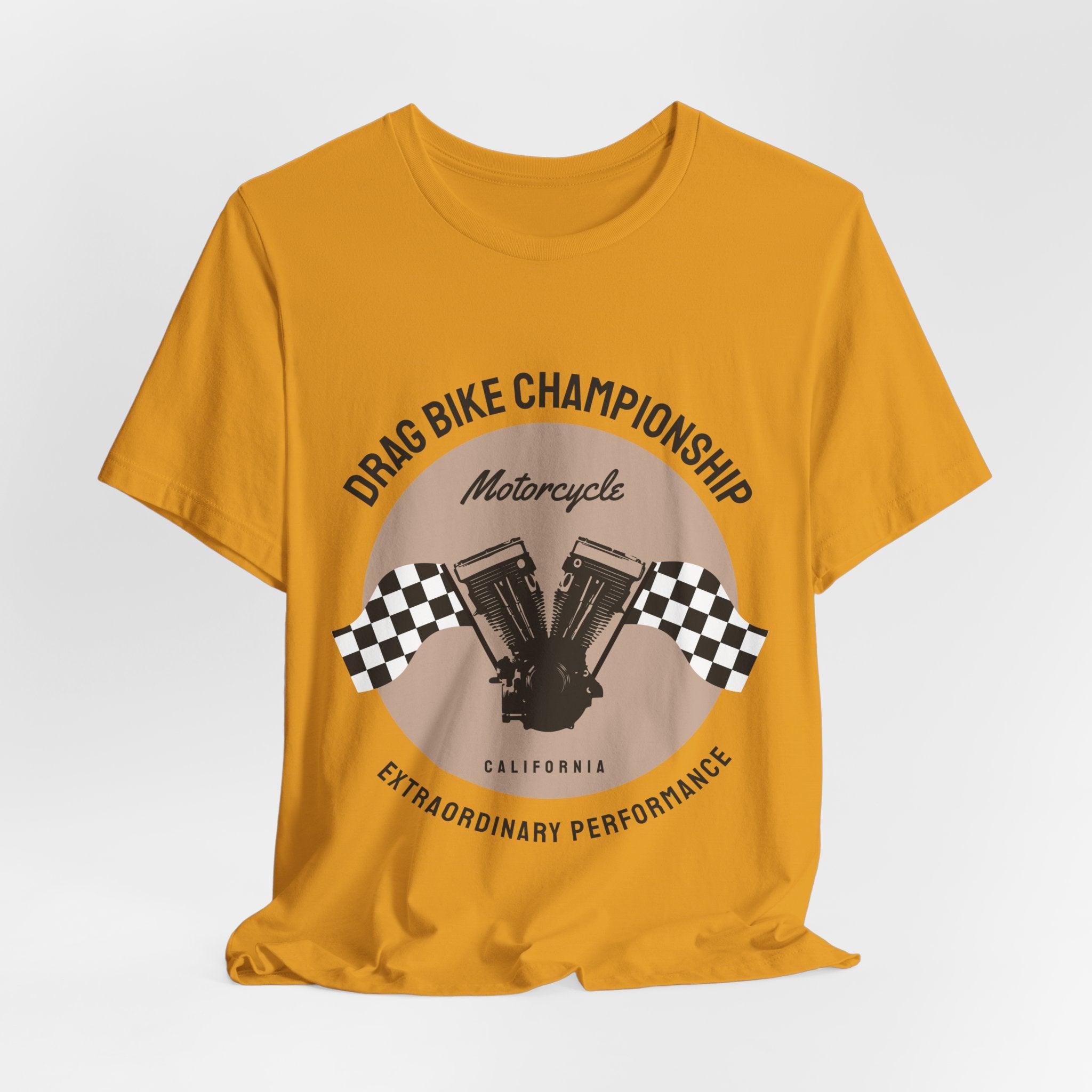 Drag Bike Championship Motorcycle T‑Shirt — Racing V‑Twin Design with Checkered Flags