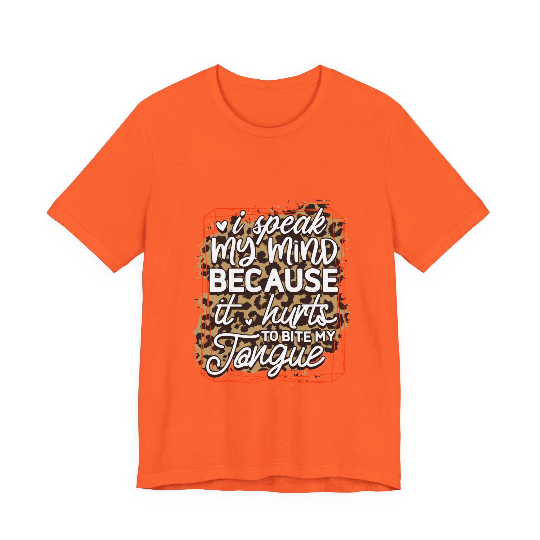 Orange t-shirt with leopard print and text design on a white background