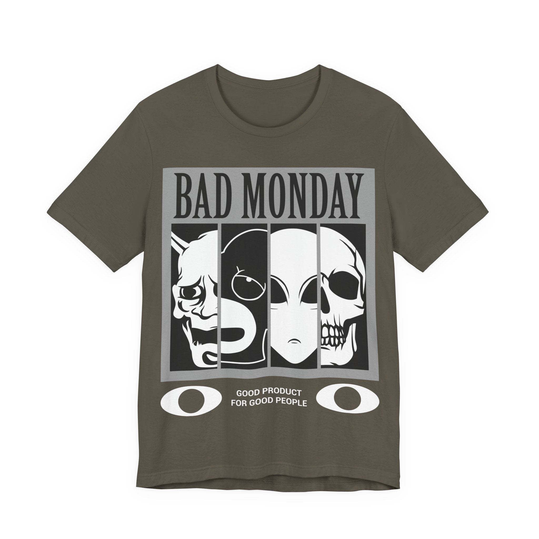 Bad Monday Skull Tee — Gothic Graphic T-Shirt with 'Good Product for Good People' Slogan