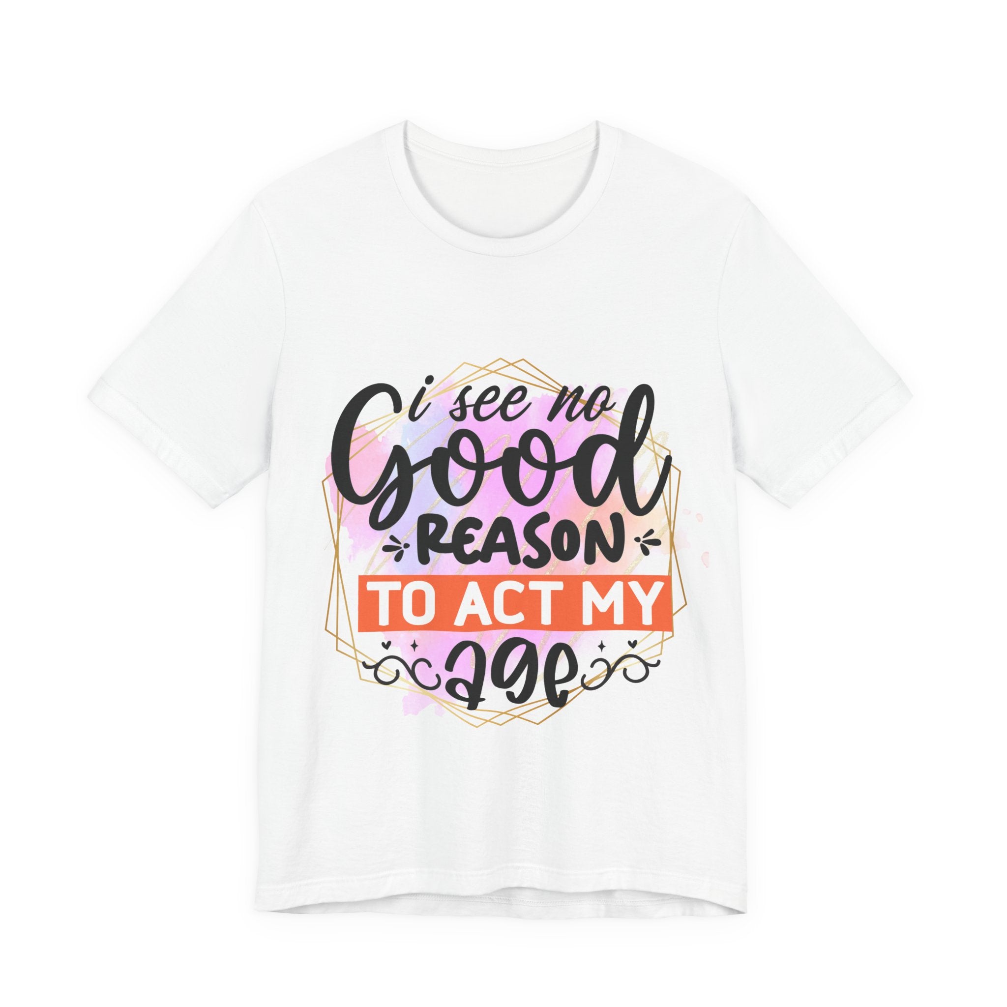 White t-shirt with colorful text design on a white background