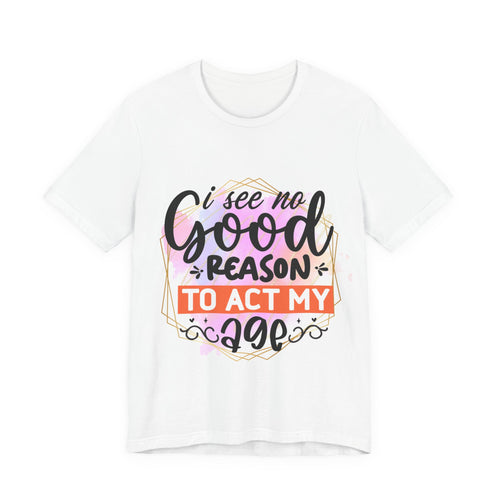 White t-shirt with colorful text design on a white background