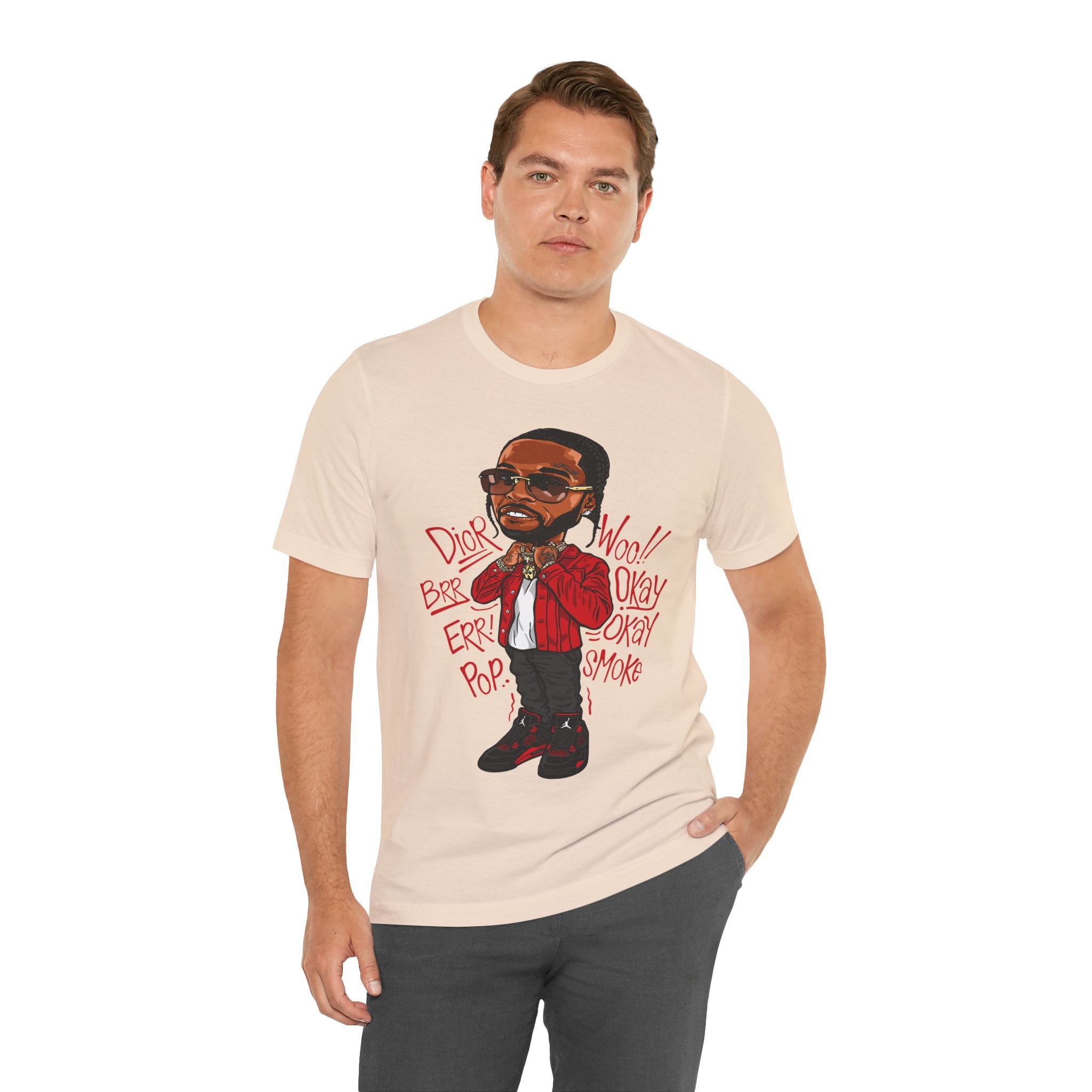 Hip-Hop Cartoon Tee — Red Jacket Rapper Illustration with Lyrics