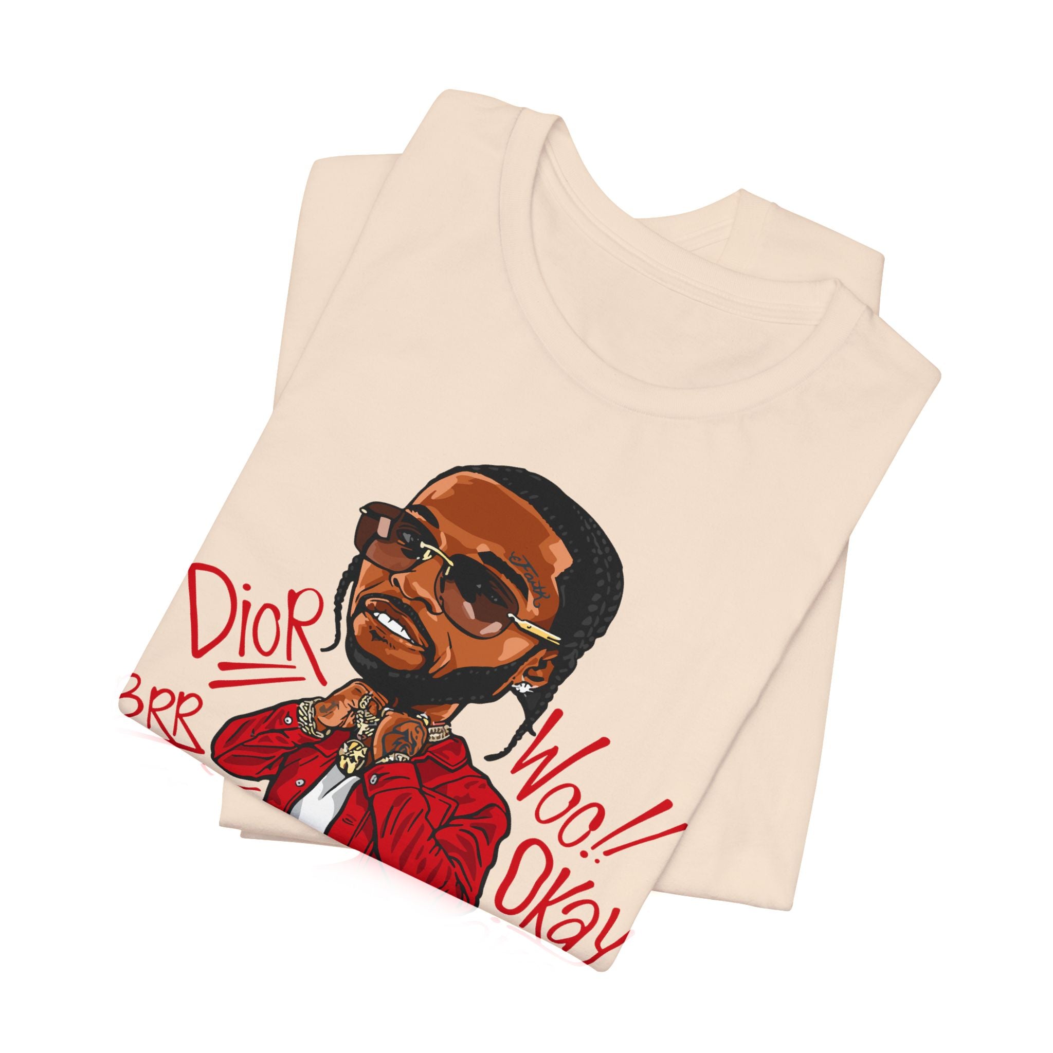 Hip-Hop Cartoon Tee — Red Jacket Rapper Illustration with Lyrics