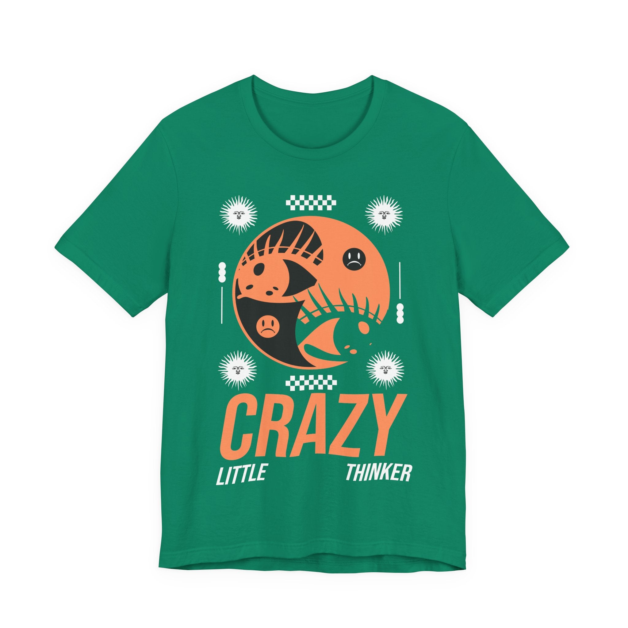 Green t-shirt with orange and black graphic design and text on a white background