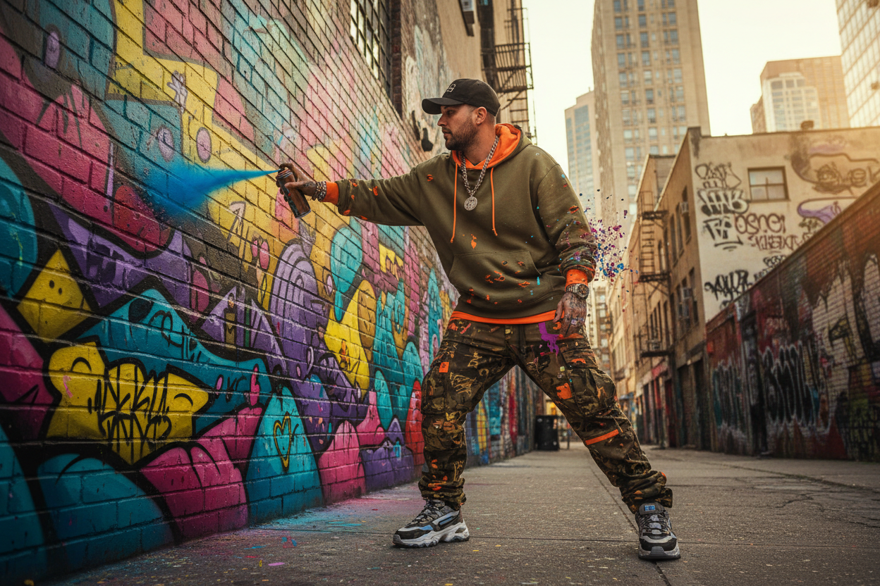 T-shirt store with a dynamic image of a graphic artist design image make it look strett style and funky male mid 20's and is a street artist